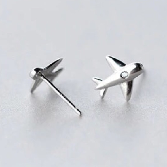 925 Sterling Silver Airplane Stud Earrings - Picture 3 of 7